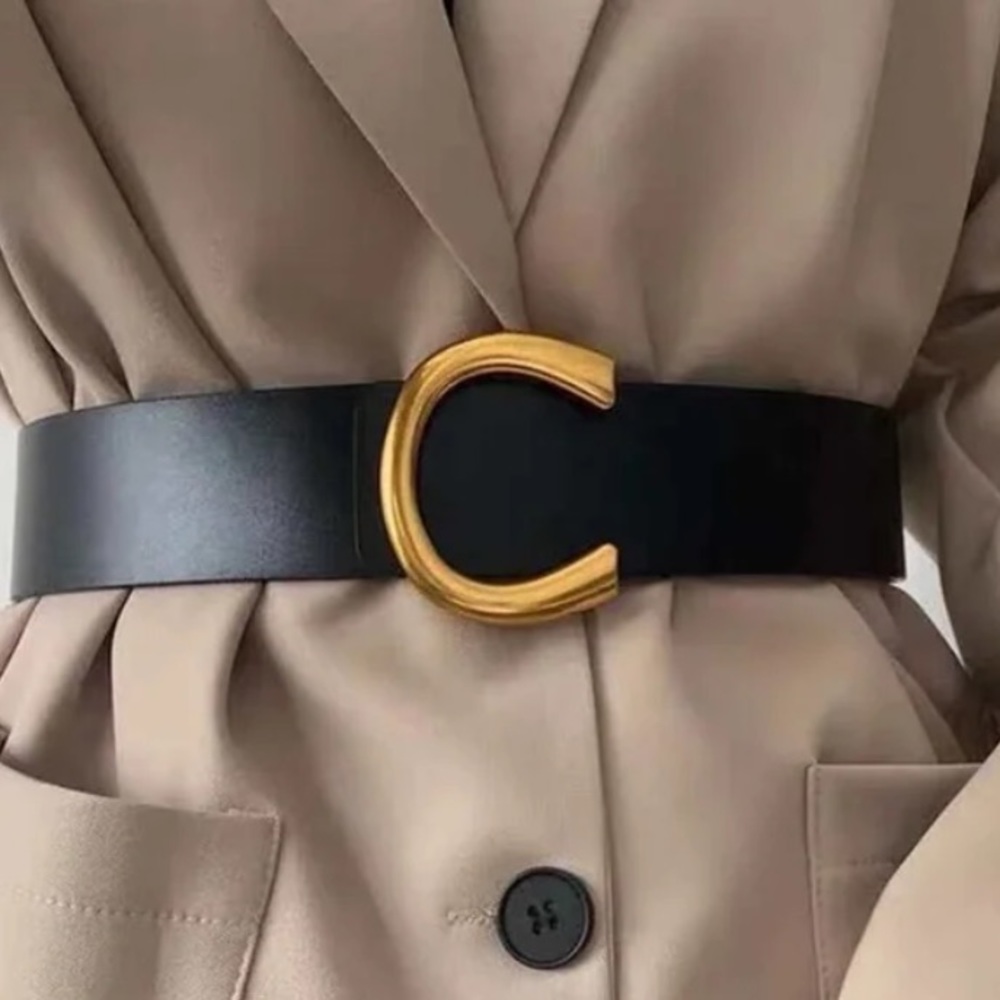 Gold vegan leather gold buckle high waisted belt - Picture 2 of 10
